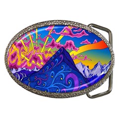 Blue And Purple Mountain Painting Psychedelic Colorful Lines Belt Buckles by Bedest