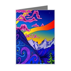 Blue And Purple Mountain Painting Psychedelic Colorful Lines Mini Greeting Card by Bedest