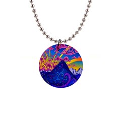 Blue And Purple Mountain Painting Psychedelic Colorful Lines 1  Button Necklace by Bedest