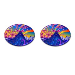 Blue And Purple Mountain Painting Psychedelic Colorful Lines Cufflinks (oval) by Bedest