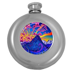 Blue And Purple Mountain Painting Psychedelic Colorful Lines Round Hip Flask (5 Oz) by Bedest