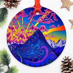 Blue And Purple Mountain Painting Psychedelic Colorful Lines Round Ornament (two Sides) by Bedest