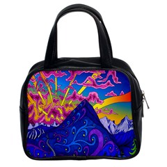 Blue And Purple Mountain Painting Psychedelic Colorful Lines Classic Handbag (two Sides) by Bedest