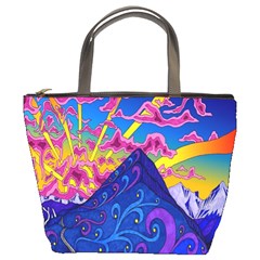 Blue And Purple Mountain Painting Psychedelic Colorful Lines Bucket Bag by Bedest