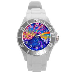 Blue And Purple Mountain Painting Psychedelic Colorful Lines Round Plastic Sport Watch (l) by Bedest