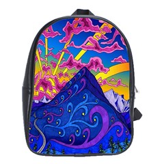 Blue And Purple Mountain Painting Psychedelic Colorful Lines School Bag (xl) by Bedest