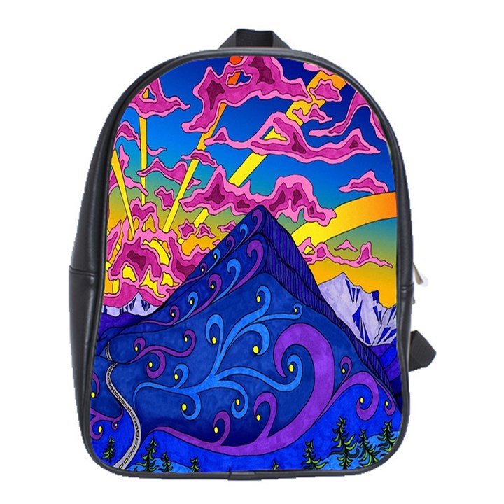 Blue And Purple Mountain Painting Psychedelic Colorful Lines School Bag (XL)