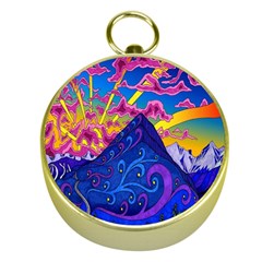 Blue And Purple Mountain Painting Psychedelic Colorful Lines Gold Compasses by Bedest