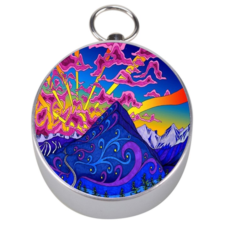 Blue And Purple Mountain Painting Psychedelic Colorful Lines Silver Compasses