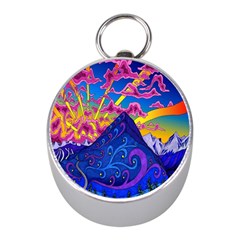 Blue And Purple Mountain Painting Psychedelic Colorful Lines Mini Silver Compasses by Bedest