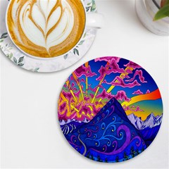 Blue And Purple Mountain Painting Psychedelic Colorful Lines Uv Print Round Tile Coaster by Bedest