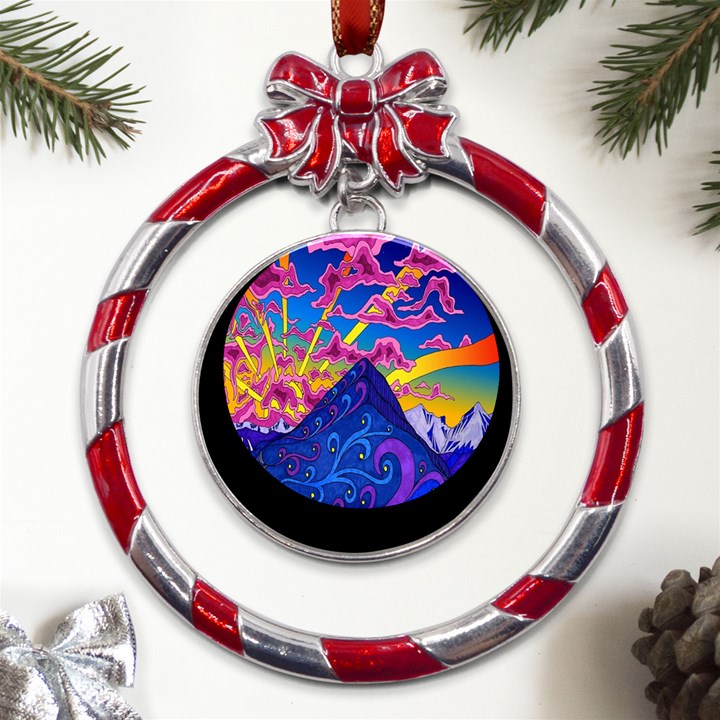 Blue And Purple Mountain Painting Psychedelic Colorful Lines Metal Red Ribbon Round Ornament