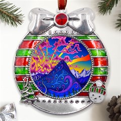 Blue And Purple Mountain Painting Psychedelic Colorful Lines Metal X mas Ribbon With Red Crystal Round Ornament by Bedest