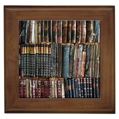 Assorted Title Of Books Piled In The Shelves Assorted Book Lot Inside The Wooden Shelf Framed Tile by Bedest