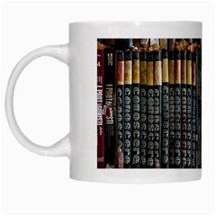 Assorted Title Of Books Piled In The Shelves Assorted Book Lot Inside The Wooden Shelf White Mug by Bedest