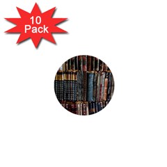 Assorted Title Of Books Piled In The Shelves Assorted Book Lot Inside The Wooden Shelf 1  Mini Buttons (10 Pack)  by Bedest