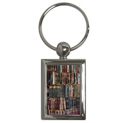 Assorted Title Of Books Piled In The Shelves Assorted Book Lot Inside The Wooden Shelf Key Chain (rectangle) by Bedest