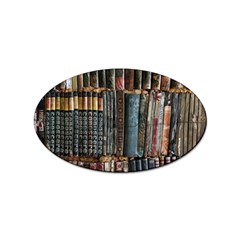 Assorted Title Of Books Piled In The Shelves Assorted Book Lot Inside The Wooden Shelf Sticker (oval) by Bedest