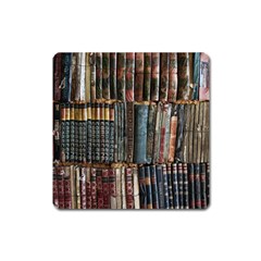 Assorted Title Of Books Piled In The Shelves Assorted Book Lot Inside The Wooden Shelf Square Magnet by Bedest