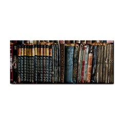 Assorted Title Of Books Piled In The Shelves Assorted Book Lot Inside The Wooden Shelf Hand Towel by Bedest