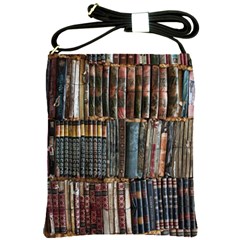 Assorted Title Of Books Piled In The Shelves Assorted Book Lot Inside The Wooden Shelf Shoulder Sling Bag by Bedest