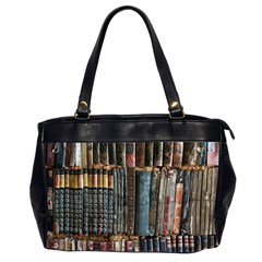 Assorted Title Of Books Piled In The Shelves Assorted Book Lot Inside The Wooden Shelf Oversize Office Handbag (2 Sides) by Bedest