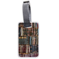 Assorted Title Of Books Piled In The Shelves Assorted Book Lot Inside The Wooden Shelf Luggage Tag (one Side) by Bedest