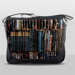 Assorted Title Of Books Piled In The Shelves Assorted Book Lot Inside The Wooden Shelf Messenger Bag by Bedest