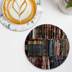 Assorted Title Of Books Piled In The Shelves Assorted Book Lot Inside The Wooden Shelf Uv Print Round Tile Coaster by Bedest