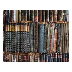 Assorted Title Of Books Piled In The Shelves Assorted Book Lot Inside The Wooden Shelf Premium Plush Fleece Blanket (large) by Bedest