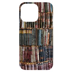 Assorted Title Of Books Piled In The Shelves Assorted Book Lot Inside The Wooden Shelf Iphone 14 Pro Max Black Uv Print Case by Bedest