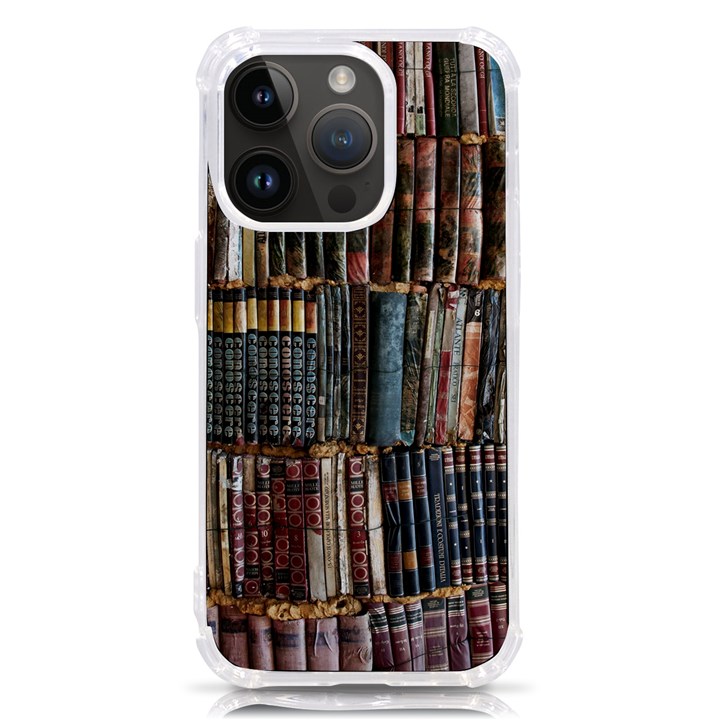 Assorted Title Of Books Piled In The Shelves Assorted Book Lot Inside The Wooden Shelf iPhone 14 Pro TPU UV Print Case