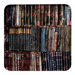 Assorted Title Of Books Piled In The Shelves Assorted Book Lot Inside The Wooden Shelf Square Glass Fridge Magnet (4 Pack) by Bedest