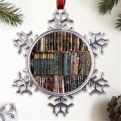 Assorted Title Of Books Piled In The Shelves Assorted Book Lot Inside The Wooden Shelf Metal Large Snowflake Ornament by Bedest