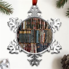 Assorted Title Of Books Piled In The Shelves Assorted Book Lot Inside The Wooden Shelf Metal Small Snowflake Ornament by Bedest