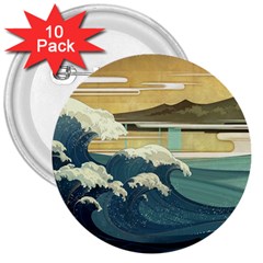 Sea Asia Waves Japanese Art The Great Wave Off Kanagawa 3  Buttons (10 Pack)  by Cemarart