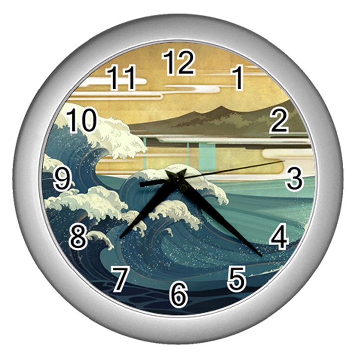 Sea Asia Waves Japanese Art The Great Wave Off Kanagawa Wall Clock (Silver)