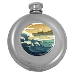 Sea Asia Waves Japanese Art The Great Wave Off Kanagawa Round Hip Flask (5 Oz) by Cemarart