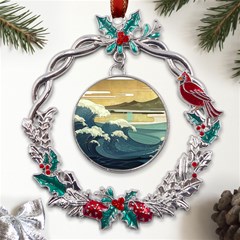 Sea Asia Waves Japanese Art The Great Wave Off Kanagawa Metal X mas Wreath Holly Leaf Ornament by Cemarart