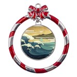 Sea Asia Waves Japanese Art The Great Wave Off Kanagawa Metal Red Ribbon Round Ornament Front