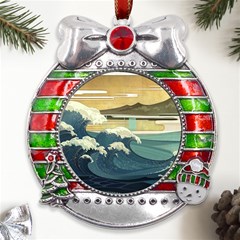 Sea Asia Waves Japanese Art The Great Wave Off Kanagawa Metal X mas Ribbon With Red Crystal Round Ornament by Cemarart