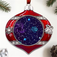 Realistic Night Sky With Constellations Metal Snowflake And Bell Red Ornament by Cemarart