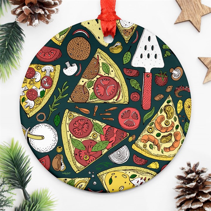 Seamless Pizza Slice Pattern Illustration Great Pizzeria Background Ornament (Round)