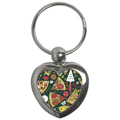 Seamless Pizza Slice Pattern Illustration Great Pizzeria Background Key Chain (heart) by Cemarart