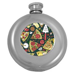 Seamless Pizza Slice Pattern Illustration Great Pizzeria Background Round Hip Flask (5 Oz) by Cemarart