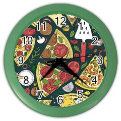 Seamless Pizza Slice Pattern Illustration Great Pizzeria Background Color Wall Clock by Cemarart