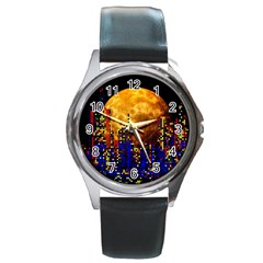 Skyline Frankfurt Abstract Moon Round Metal Watch by Cemarart