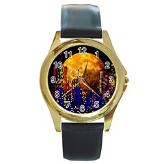 Skyline Frankfurt Abstract Moon Round Gold Metal Watch by Cemarart