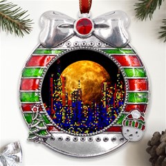 Skyline Frankfurt Abstract Moon Metal X mas Ribbon With Red Crystal Round Ornament by Cemarart