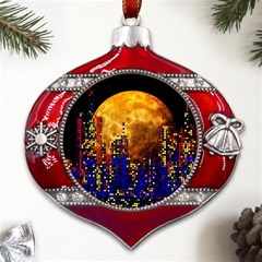 Skyline Frankfurt Abstract Moon Metal Snowflake And Bell Red Ornament by Cemarart